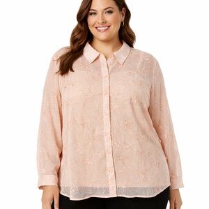 Alfred Dunner pink blush sheer overlay embroidered feminine button up blouse 24W